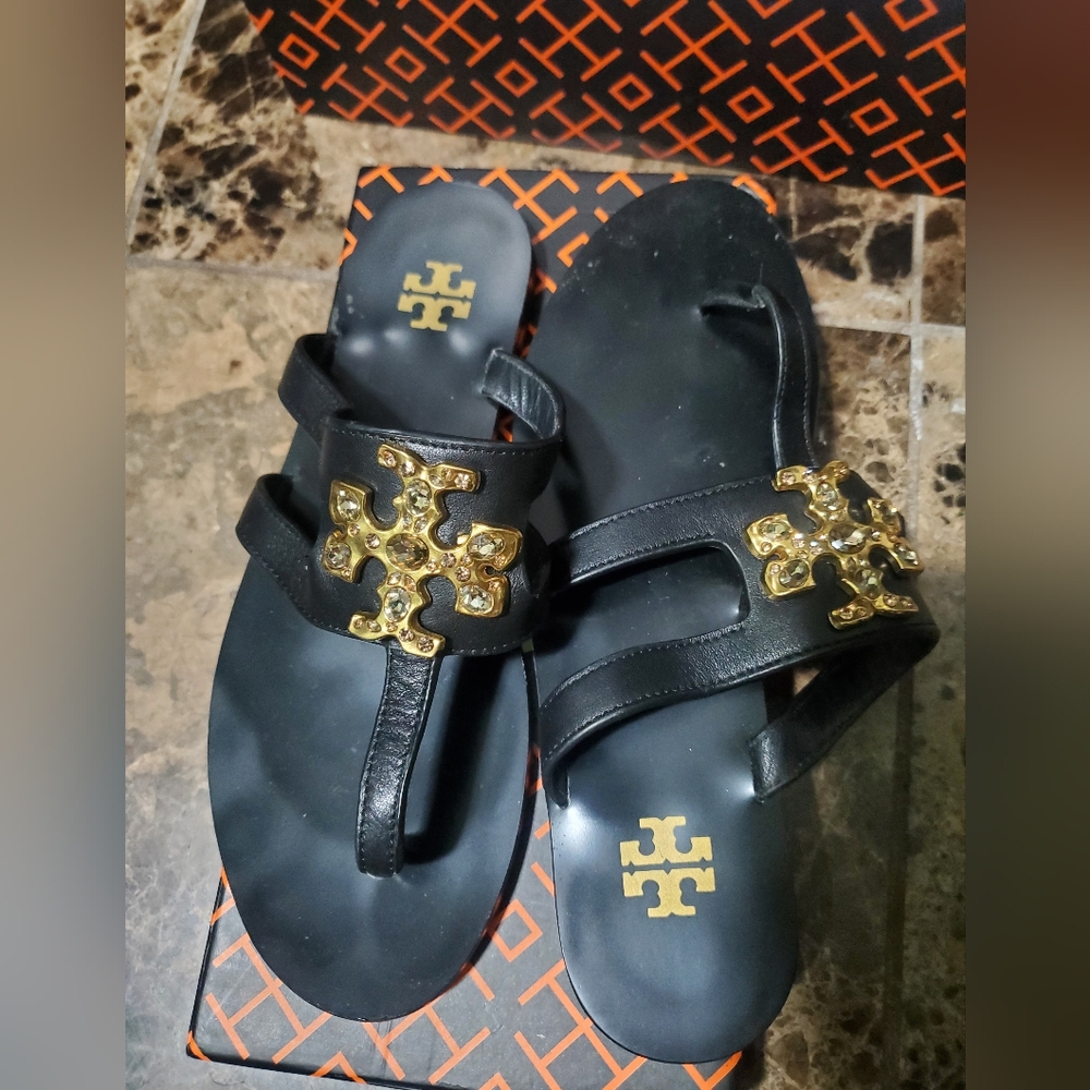 Tory Burch Black and Gold Sandals with Logo Medallions